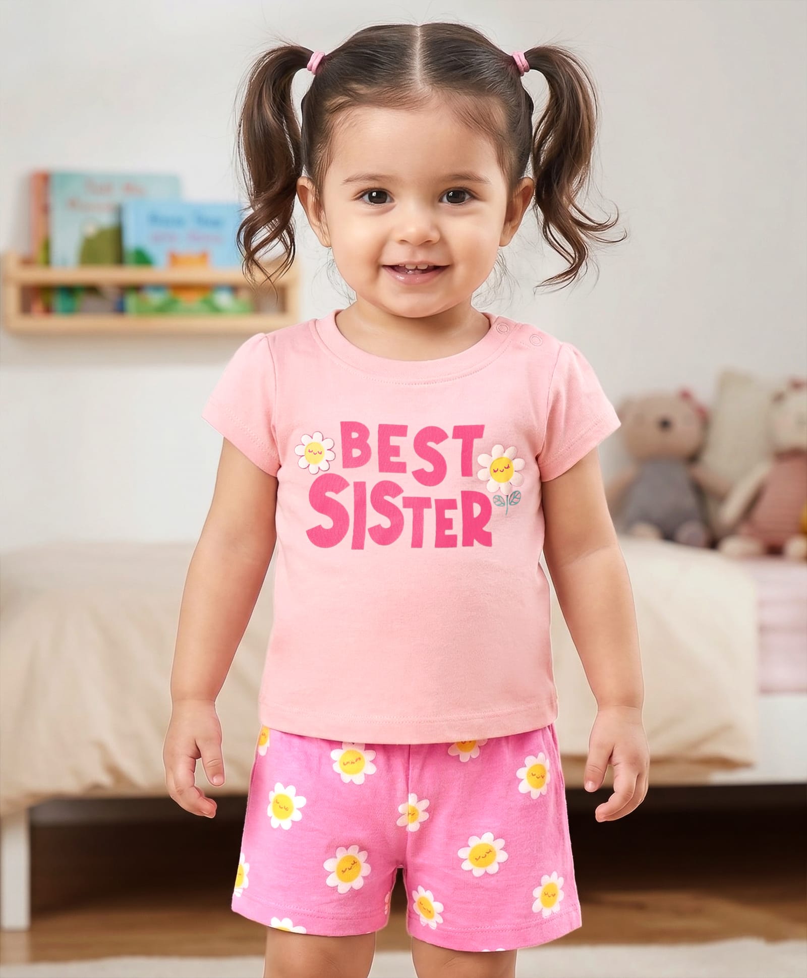 Babyhug Cotton Knit Half Sleeves Night Suit With Text Print - Pink-image-43