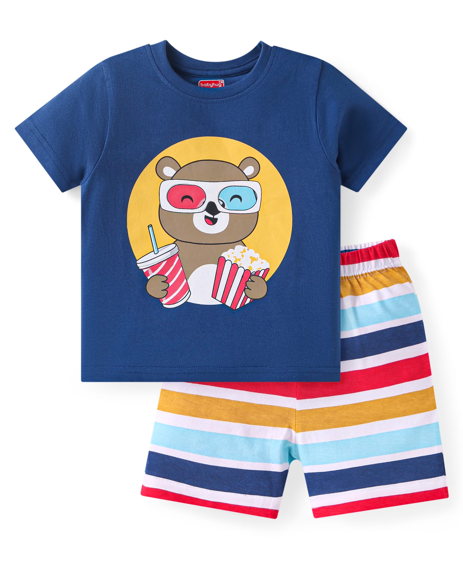 Babyhug Cotton Knit Half Sleeves Shorts Night Suit with Bear Print & Stripes - Navy Blue