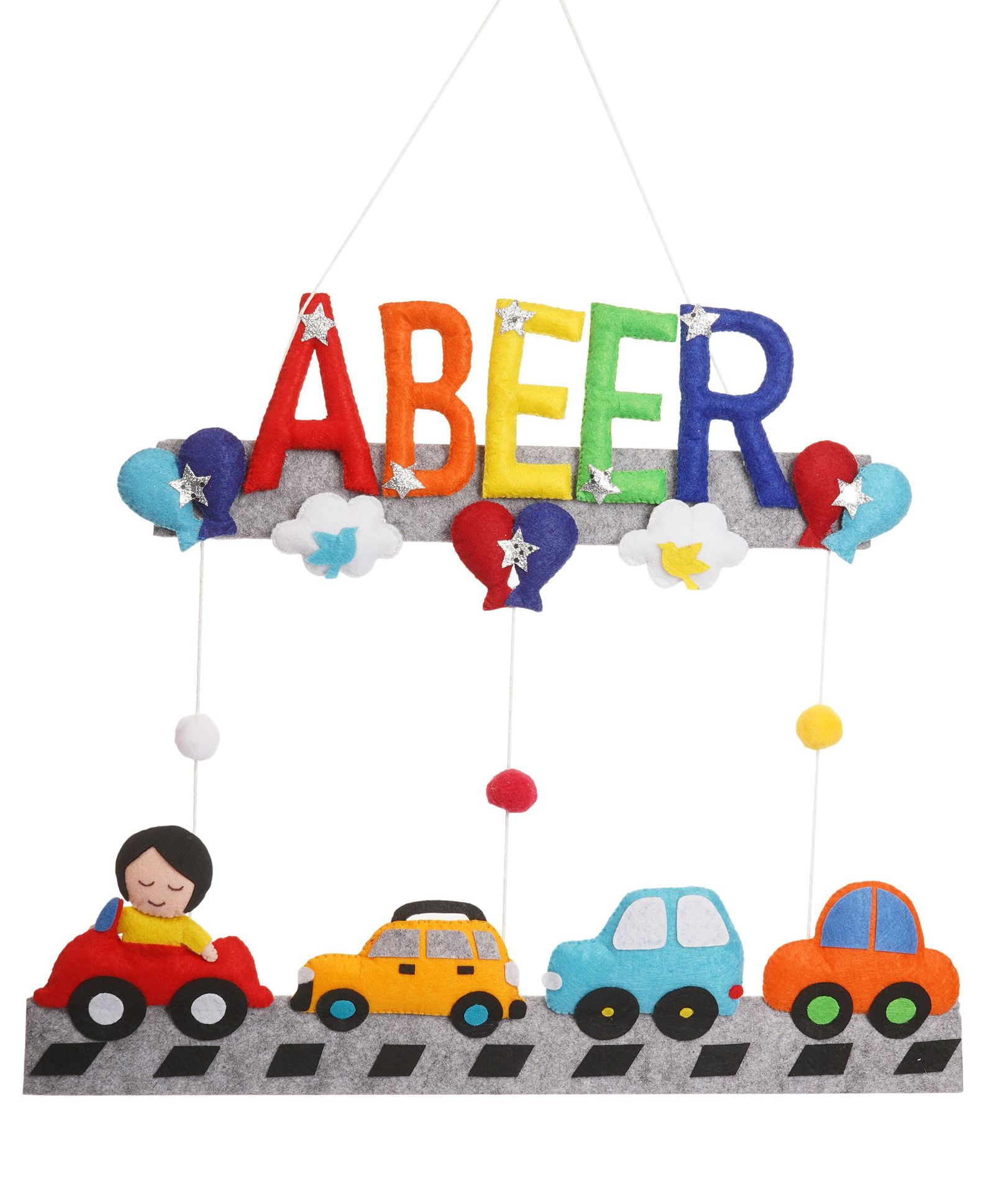 lill pumpkins car theme personalised felt name alphabet hanging for kids name plaque - multi color