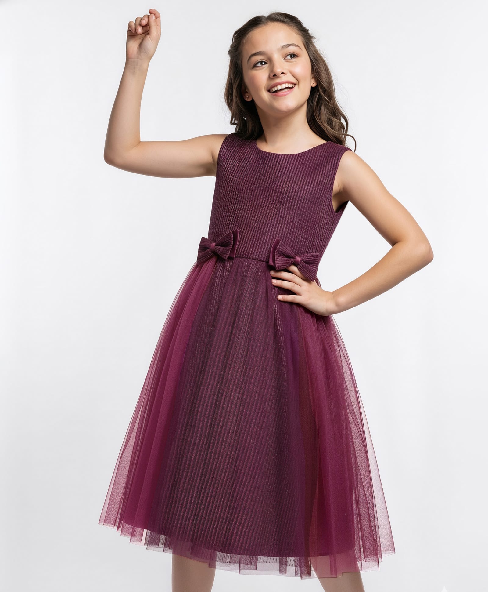 Pine Kids Woven Sleeveless Textured Party Dress with Bow Applique - Wine-image-10