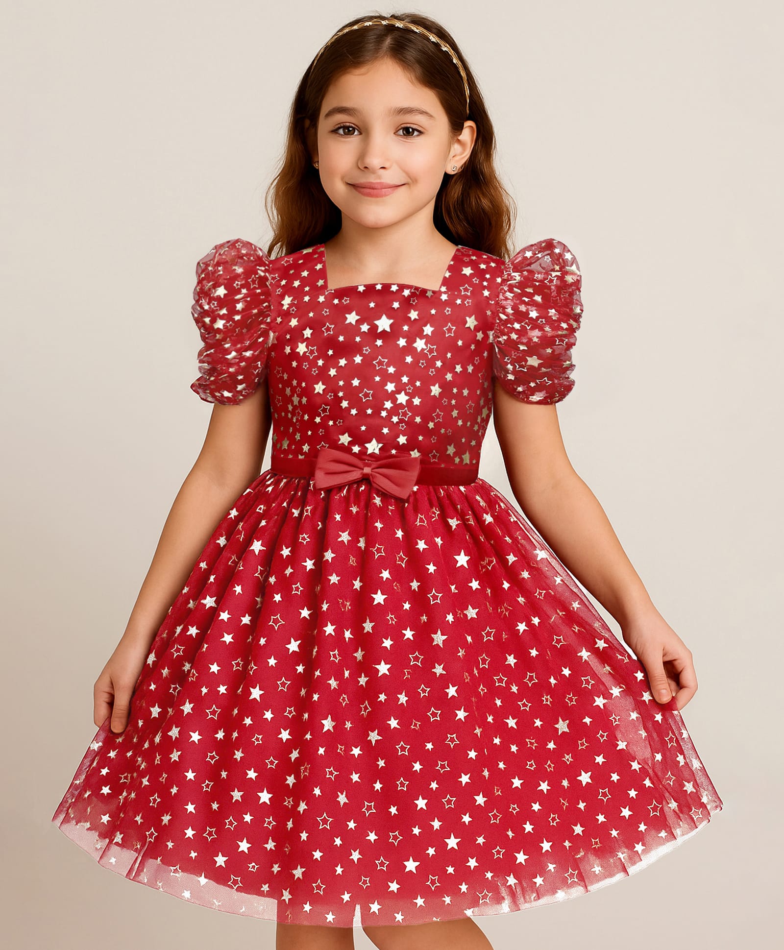 Pine Kids Woven Frill Sleeves Party Dress With Star Print & Bow Applique - Red-image-25