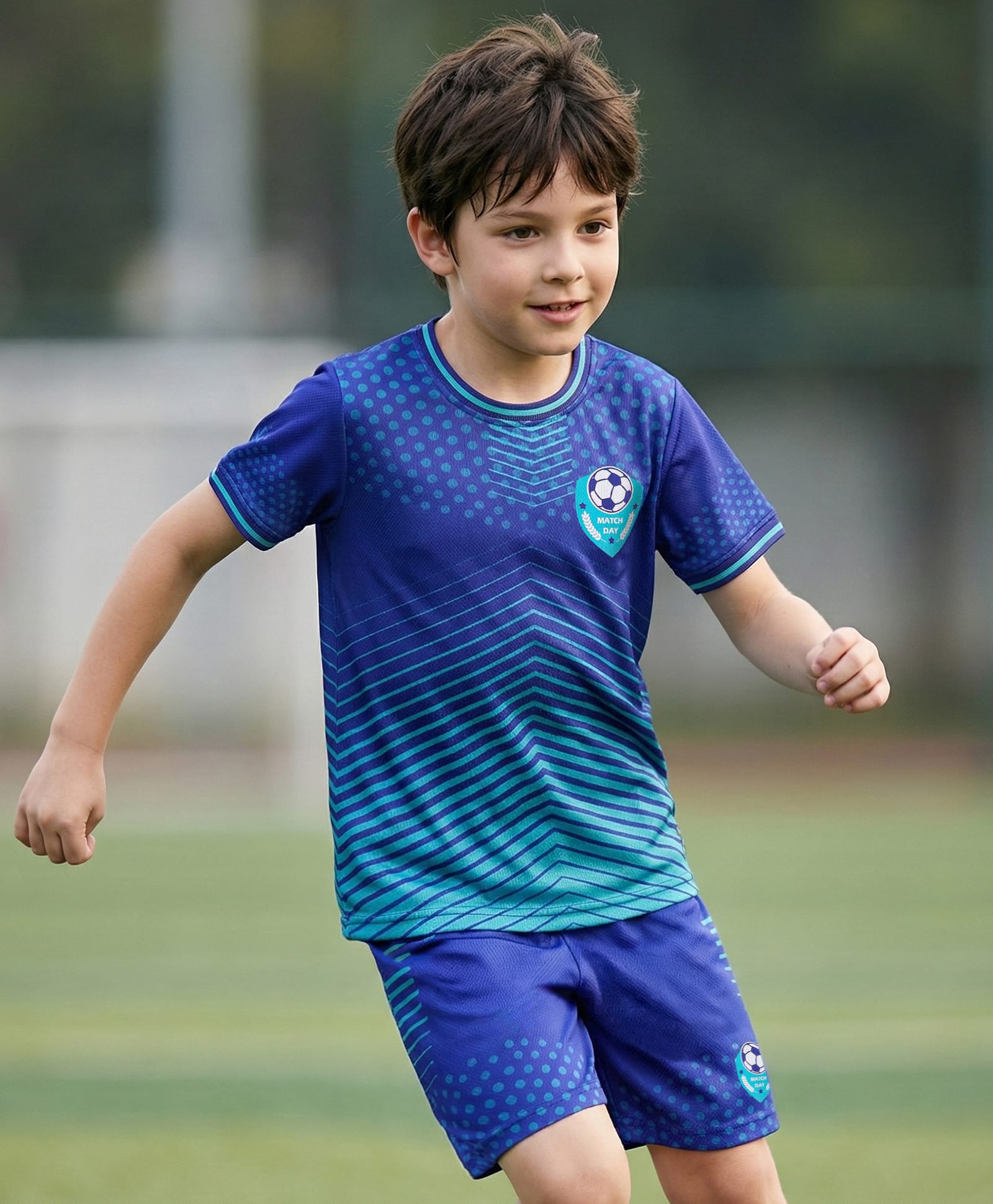 Pine Active Half Sleeves T-Shirt With Shorts Set With Football Print - Blue