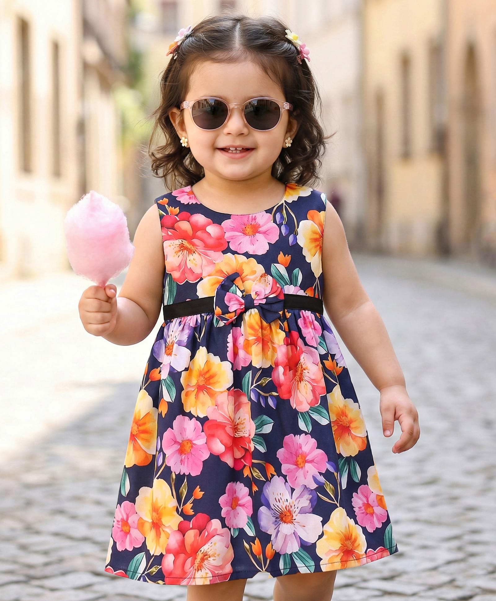Babyhug Cotton Woven Sleeveless Frock with Floral Print & Bow Applique - Navy Blue-image-15