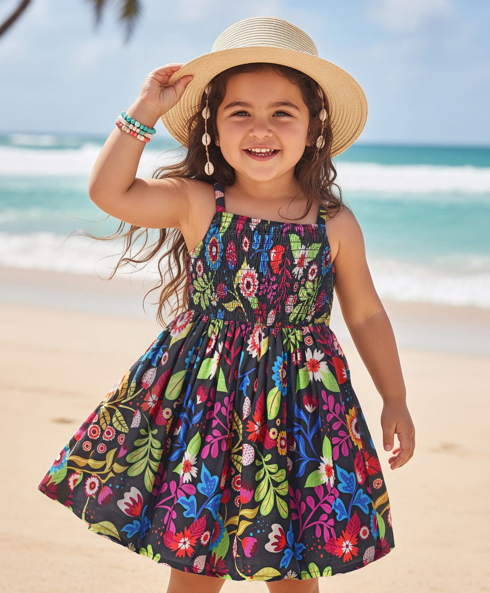 Babyhug Rayon Woven Sleeveless Frock With Floral Print & Smocked Detailing - Black-picture-10