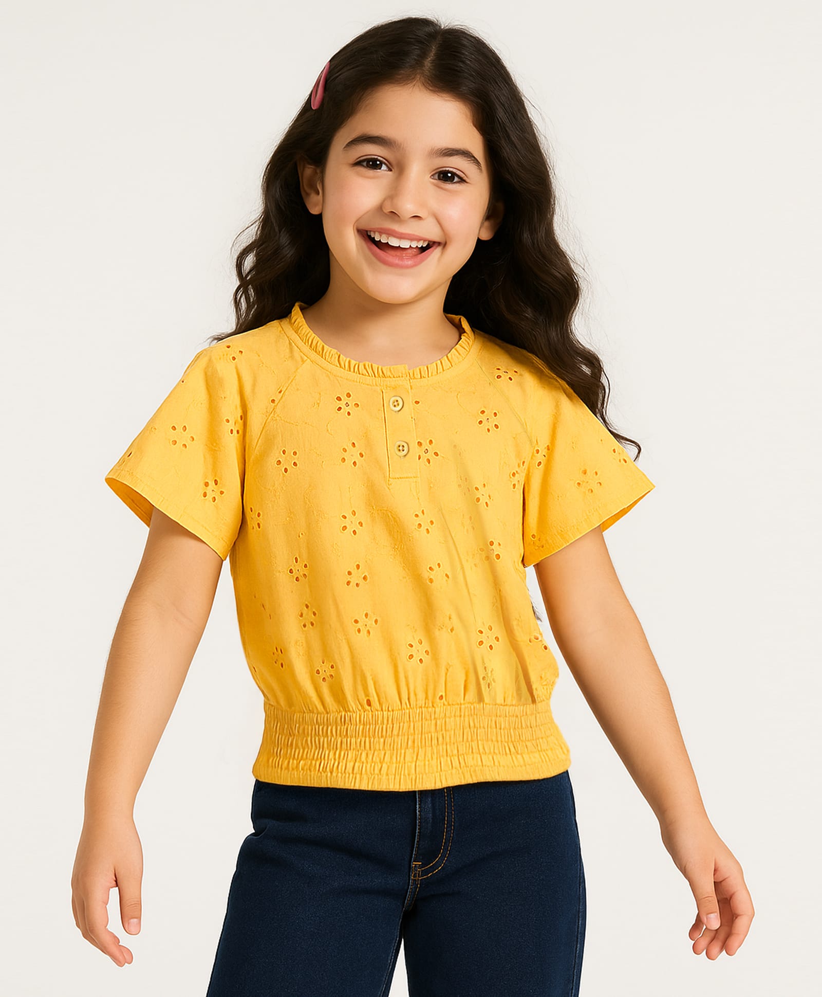 arias by lara dutta Arias Cotton Woven Half Raglan Sleeves Schiffli Top with Frill at Neck & Smocking at Hem - Yellow-picture-15