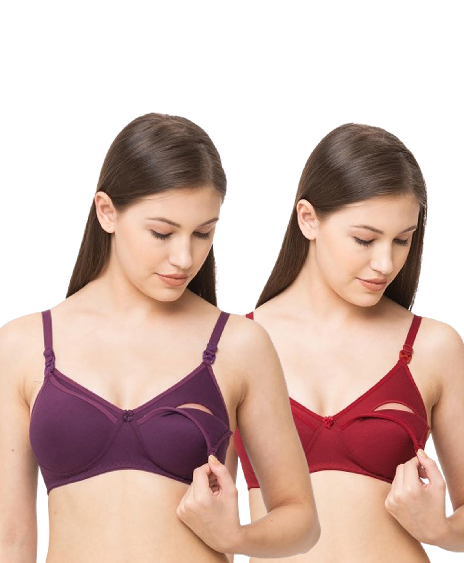 MomToBe Cotton Pack Of 2 Solid Maternity Bras With Nursing Access - Maroon & Purple-image-17