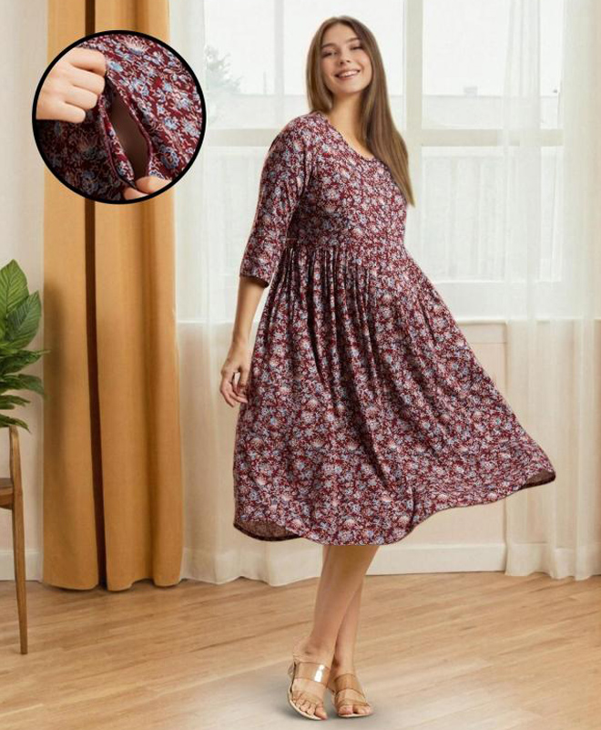 MomToBe Rayon Three Fourth Sleeves Floral Printed Maternity Dress With Nursing Access - Caput Mortuum-picture-28