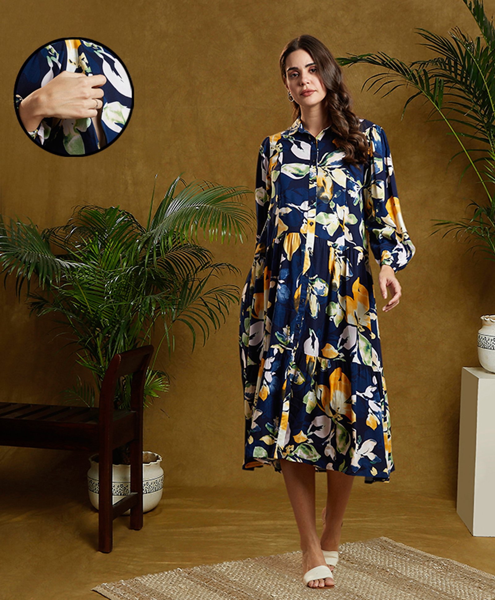 MomToBe Rayon Full Puffed Sleeves Floral Printed Maternity Dress With Nursing Access - Navy Blue-image-17