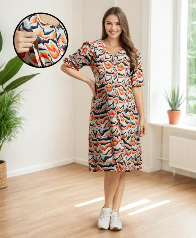 MomToBe Rayon Half Sleeves Abstract Printed Maternity Dress With Nursing Access - Multi Colour-picture-34