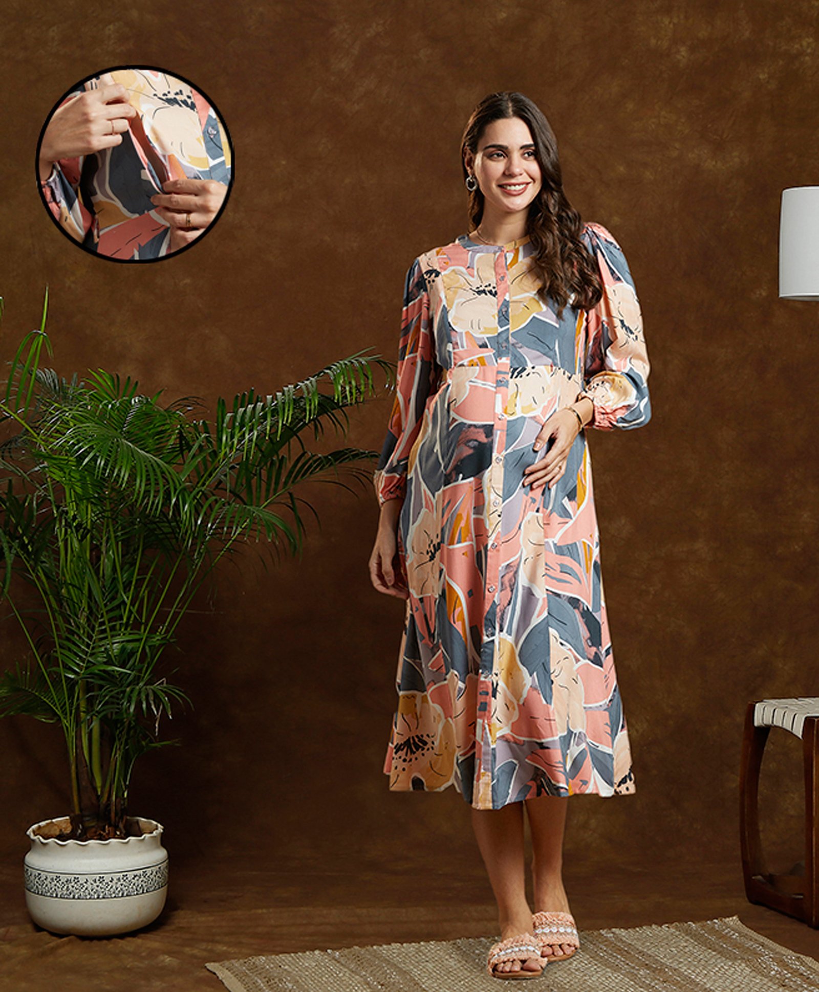 MomToBe Rayon Full Puffed Sleeves Floral Printed Maternity Dress With Nursing Access - Multi Colour-image-19