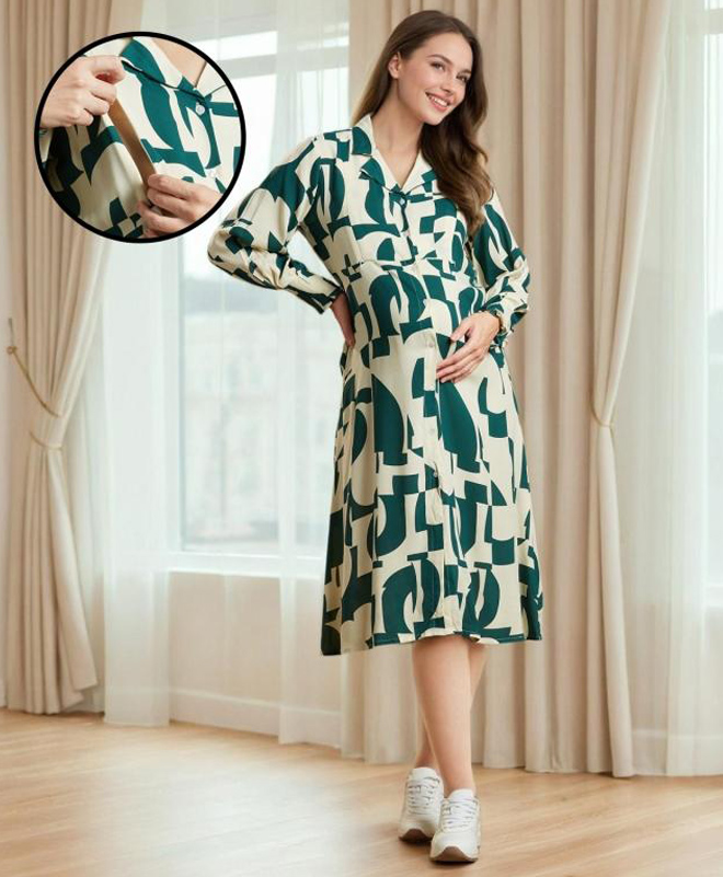 MomToBe Rayon Full Sleeves Abstract Printed Maternity Dress With Concealed Zipper Nursing Access - Dark Green-picture-33