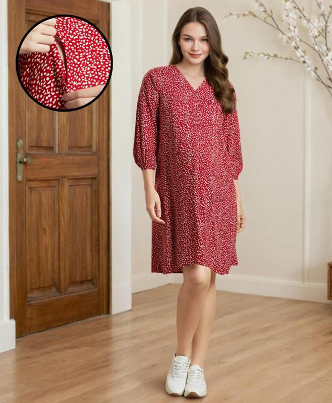 MomToBe Rayon Three Fourth Sleeves Abstract Printed Maternity Dress With Concealed Zipper Nursing Access - Red-picture-29