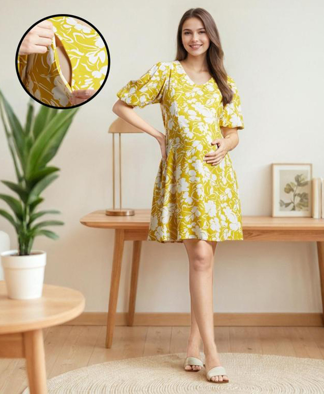 MomToBe Rayon Half Sleeves Floral Printed Maternity Dress With Concealed Zipper Nursing Access - Yellow-image-35
