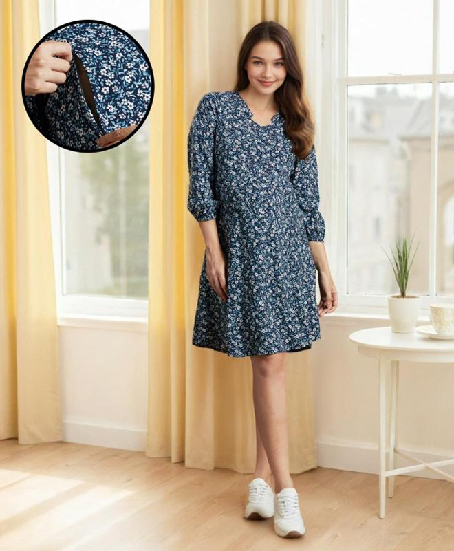 MomToBe Rayon Three Fourth Sleeves Floral Printed Maternity Dress With Concealed Zipper Nursing Access - Navy Blue-picture-24