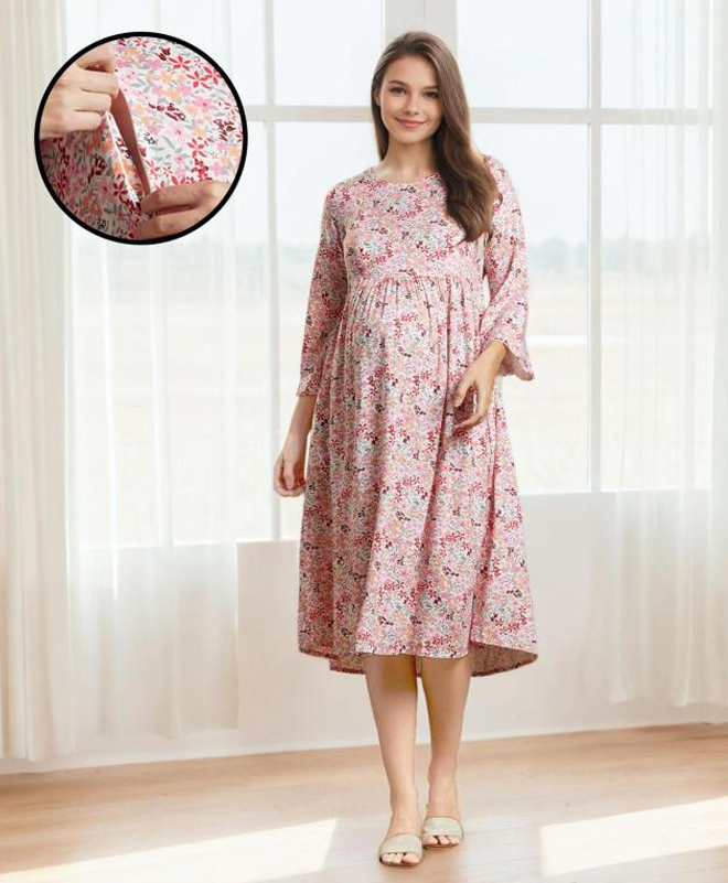 MomToBe Rayon Three Fourth Sleeves Floral Printed Maternity Dress With Concealed Zipper Nursing Access - Baby Pink-picture-24