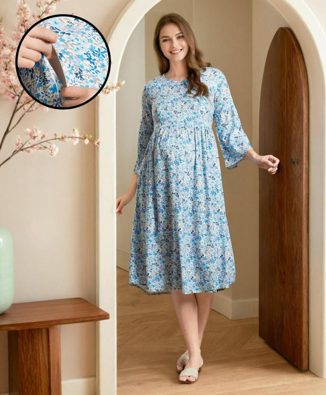 MomToBe Rayon Three Fourth Sleeves Floral Printed Maternity Dress With Concealed Zipper Nursing Access - Sky Blue-picture-31