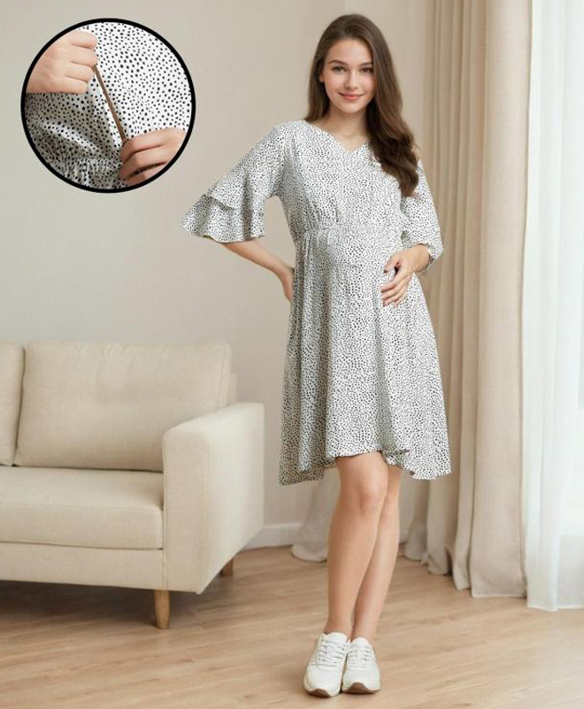 MomToBe Half Bell Sleeves Dots Printed Maternity Dress With Concealed Zipper Nursing Access - White-image-14