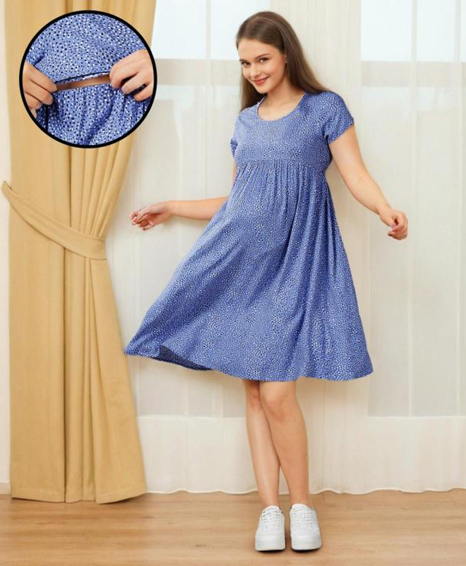MomToBe Three Fourth Sleeves Dots Printed Maternity Dress With Concealed Zipper Nursing Access - Blue-picture-12