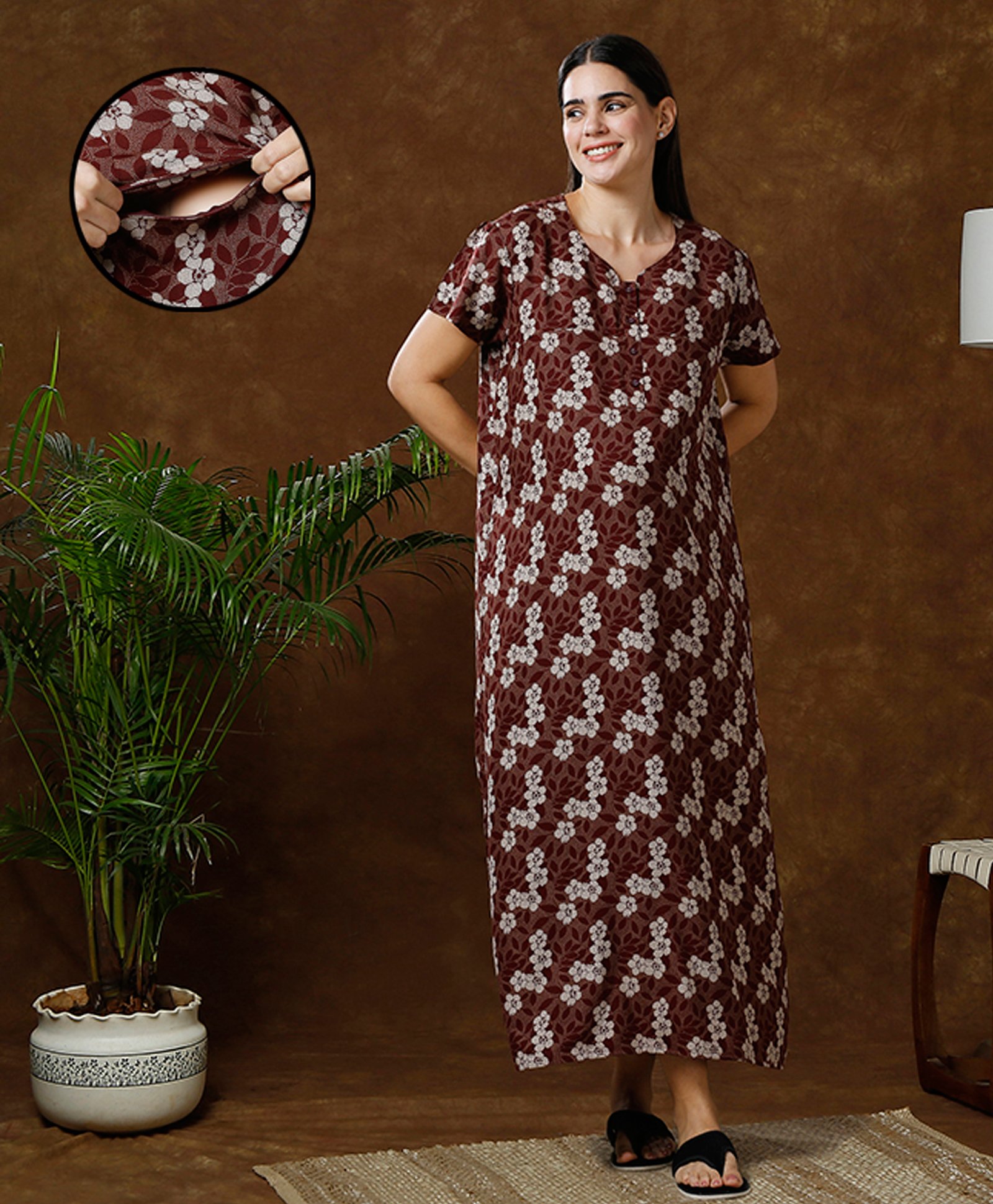 MomToBe Half Sleeves Floral Printed Maternity Nighty With Concealed Zipper Nursing Access - Vintage Maroon-image-40