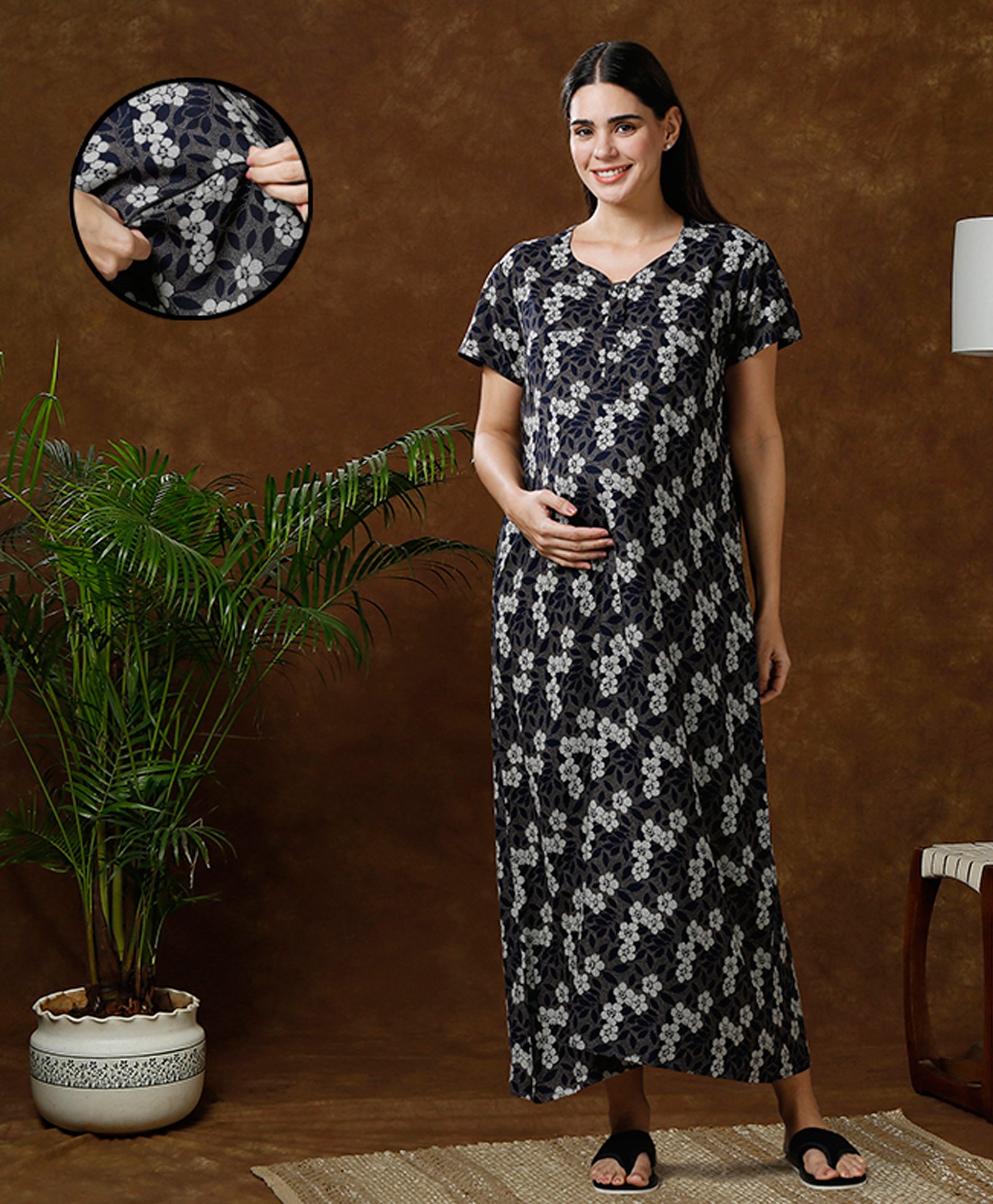 MomToBe Half Sleeves Floral Printed Maternity Nighty With Concealed Zipper Nursing Access - Navy Blue-image-45