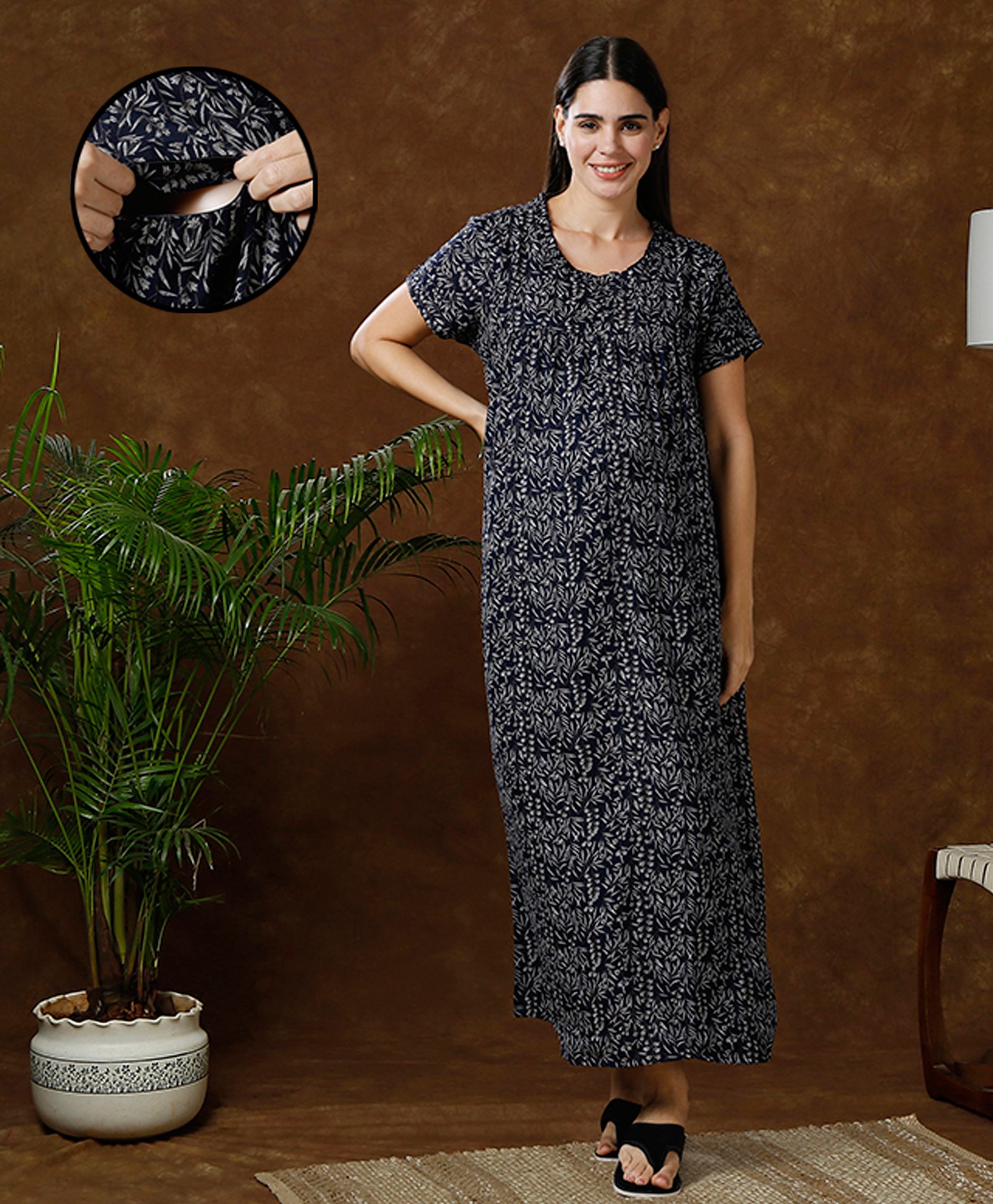 MomToBe Half Sleeves Leaves Printed Maternity Nighty With Concealed Zipper Nursing Access - Navy Blue-image-45