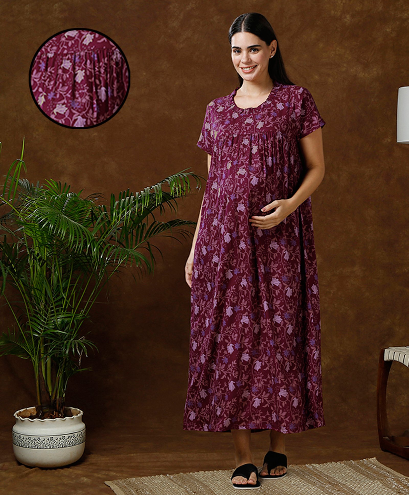 MomToBe Half Sleeves Floral Printed Maternity Nighty With Concealed Zipper Nursing Access - Rouge Pink-picture-15