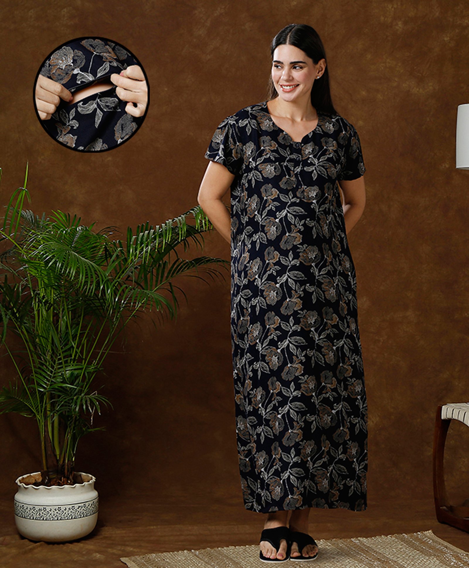 MomToBe Half Sleeves Floral Printed Maternity Nighty With Concealed Zipper Nursing Access - Navy Blue & Mustard Yellow-image-46