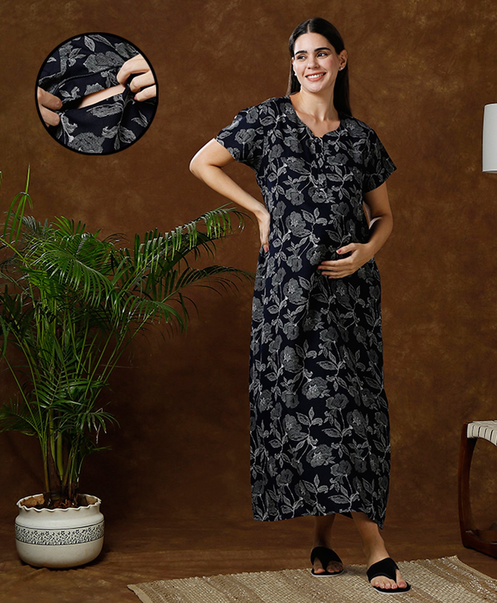 MomToBe Half Sleeves Floral Printed Maternity Nighty With Concealed Zipper Nursing Access - Navy Blue & Green-image-47