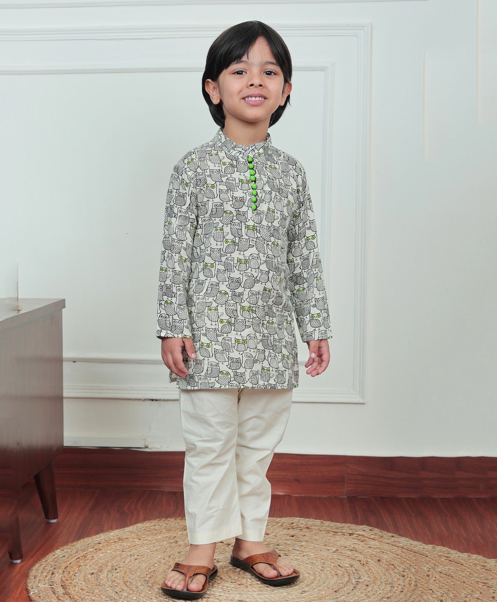 Polka Tots Cotton Full Sleeves Owl Printed Kurta Pyjama Set - Off White-image-15