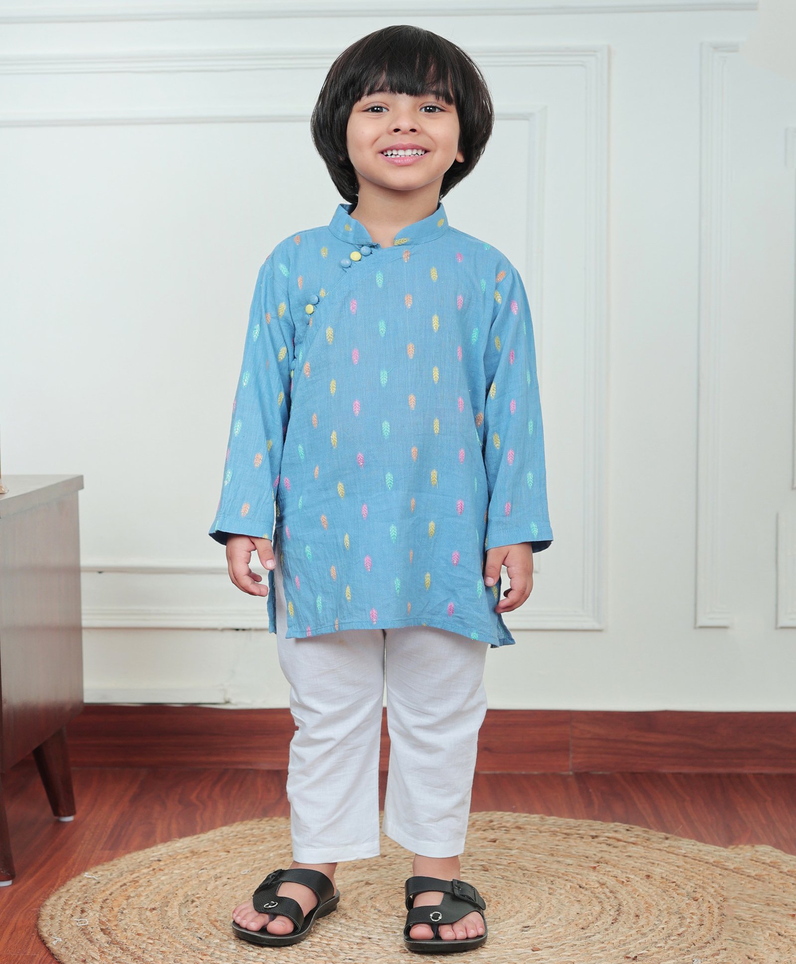 Polka Tots Cotton Full Sleeves Leaves Embroidered Kurta Pyjama Set - Blue-picture-11