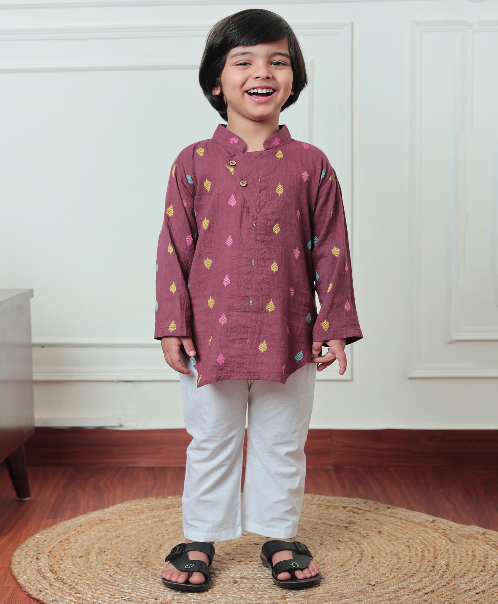 Polka Tots Cotton Full Sleeves Leaves Embroidered Kurta Pyjama Set - Brown-image-4