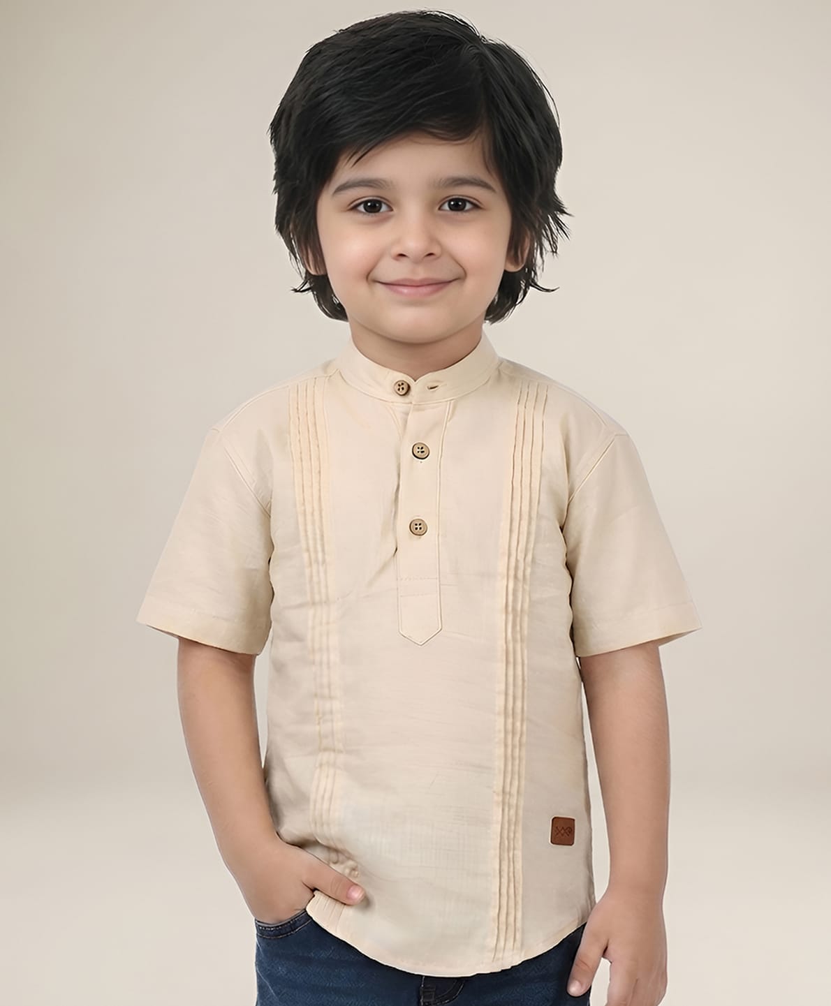 Polka Tots Cotton Half Sleeves Solid Kurta - Cream-picture-32