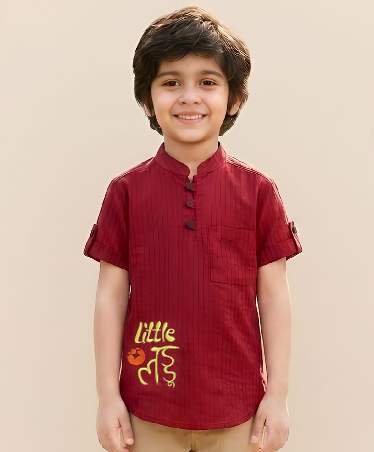 Polka Tots Cotton Half Sleeves Little Ladoo Text Embroidered & Striped Kurta - Maroon-picture-28