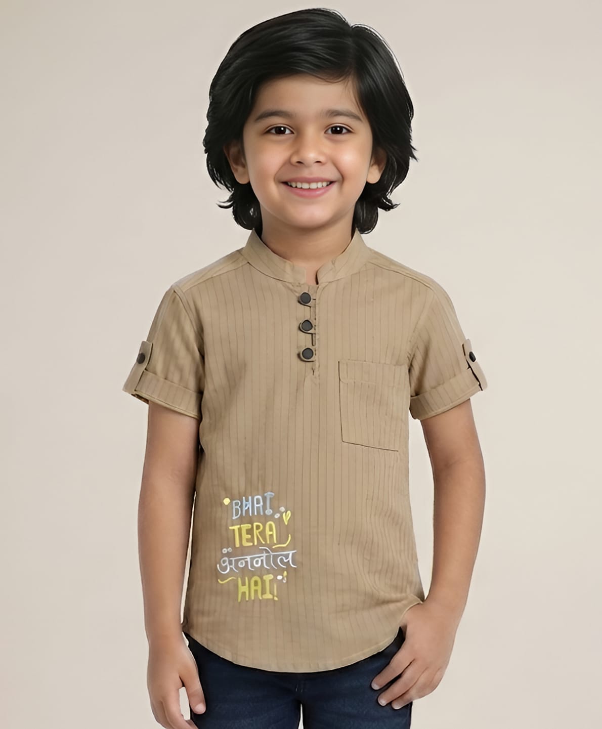 Polka Tots Cotton Half Sleeves Typography Embroidered & Striped Kurta - Brown-image-7
