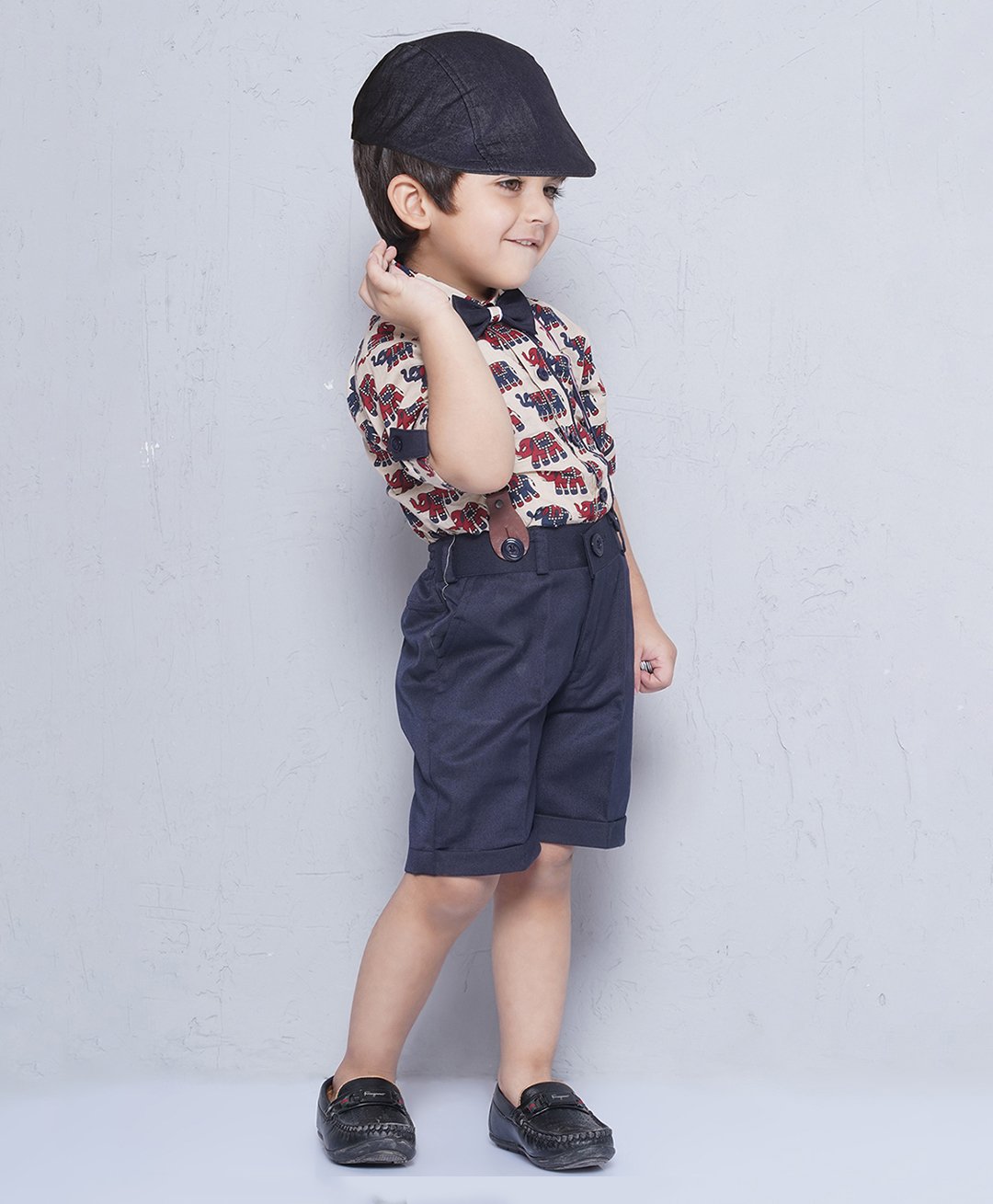 AJ Dezines Cotton Half Sleeves Elephants Printed Shirt Shorts With Suspender Cap & Bow Set - Beige-picture-32