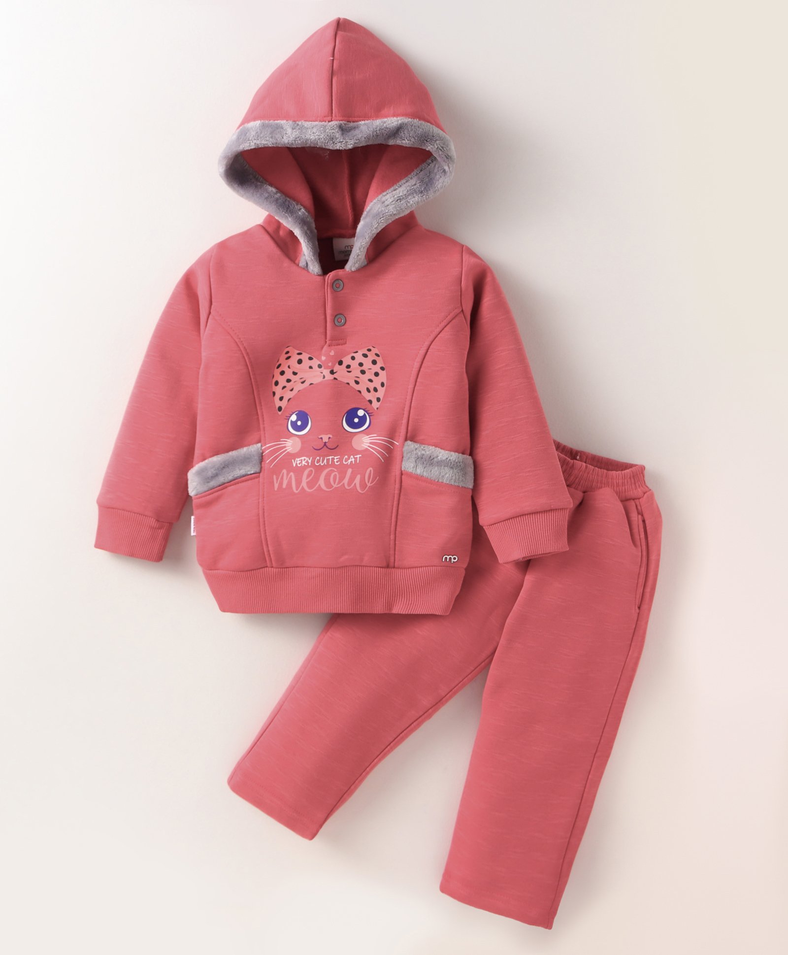 Mom's pet Fleece Full Sleeves Cat Printed Hoodie & Pant Set - Pink-picture-12