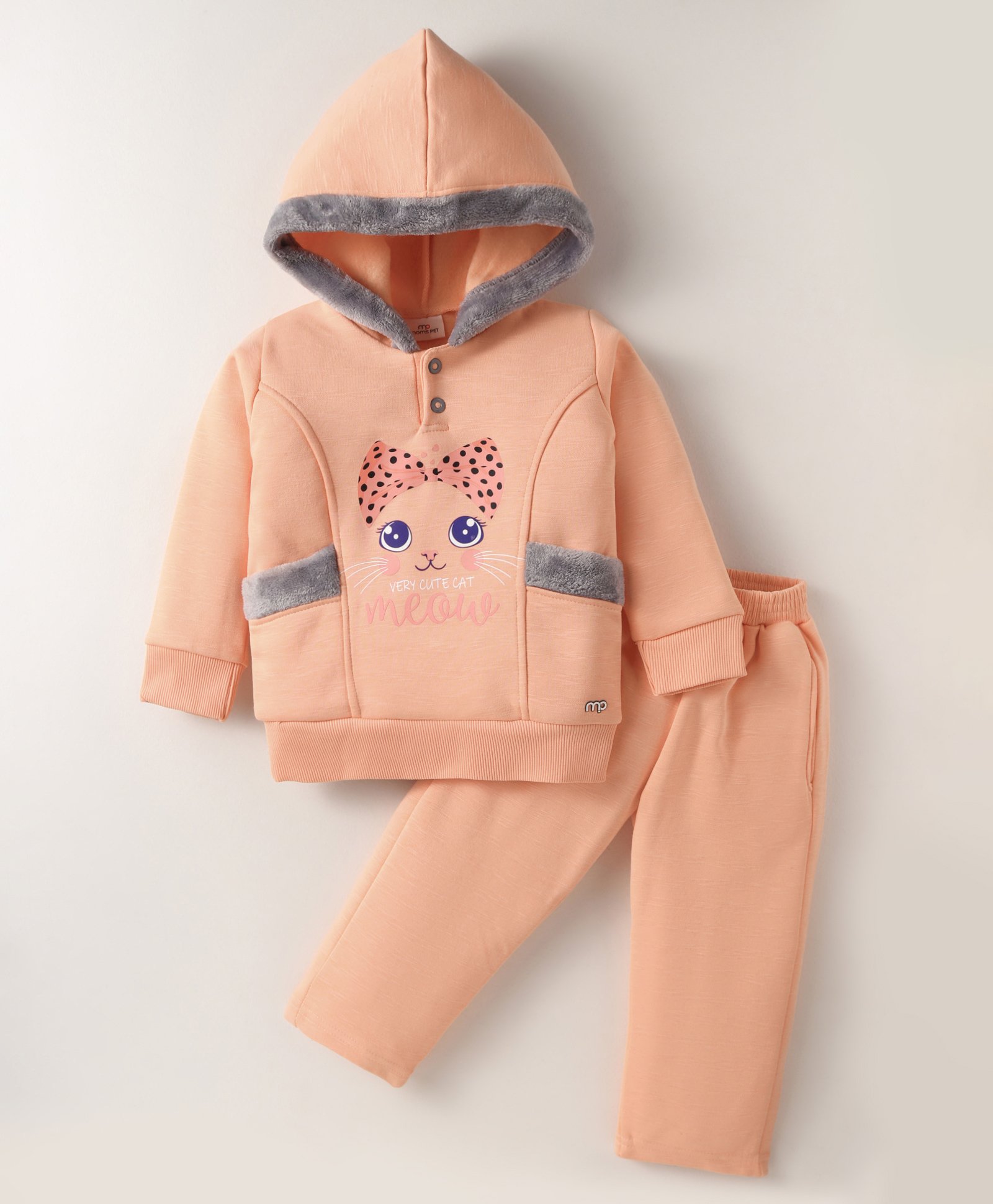 Mom's pet Fleece Full Sleeves Cat Printed Hoodie & Pant Set - Peach-picture-16