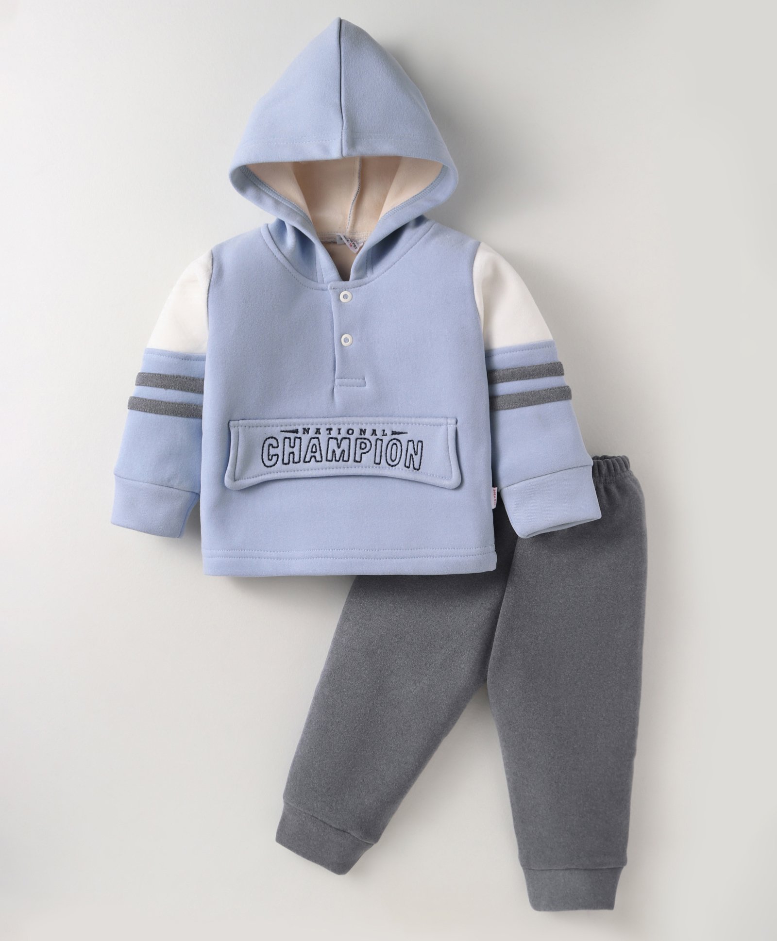Mom's pet Fleece Full Doctor Sleeves Champions Text Printed Hoodie & Joggers Set - Blue-picture-18