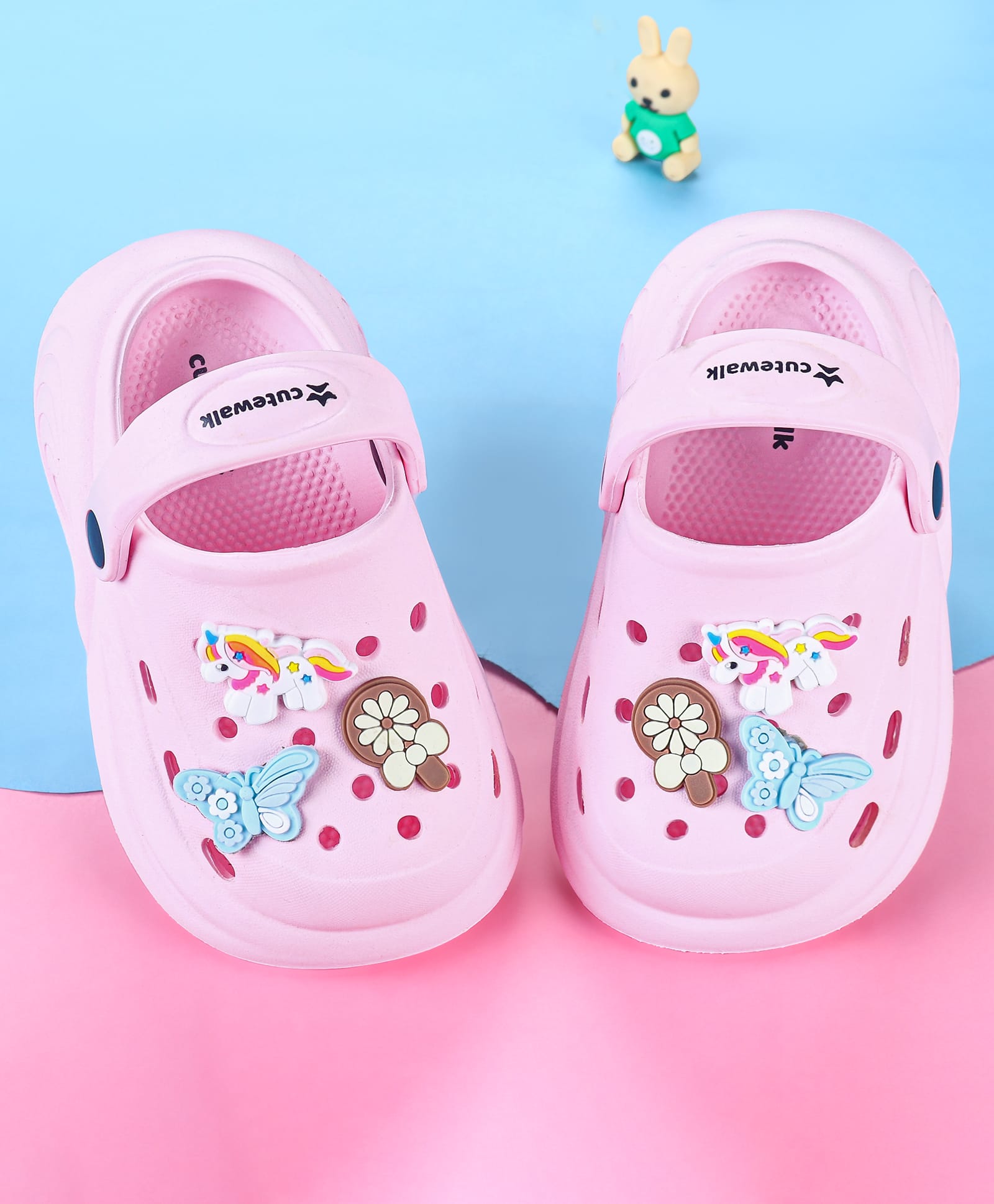 Cute Walk by Babyhug Back Strap Closure Clogs with Unicorn Floral & Butterfly Applique - Light Pink