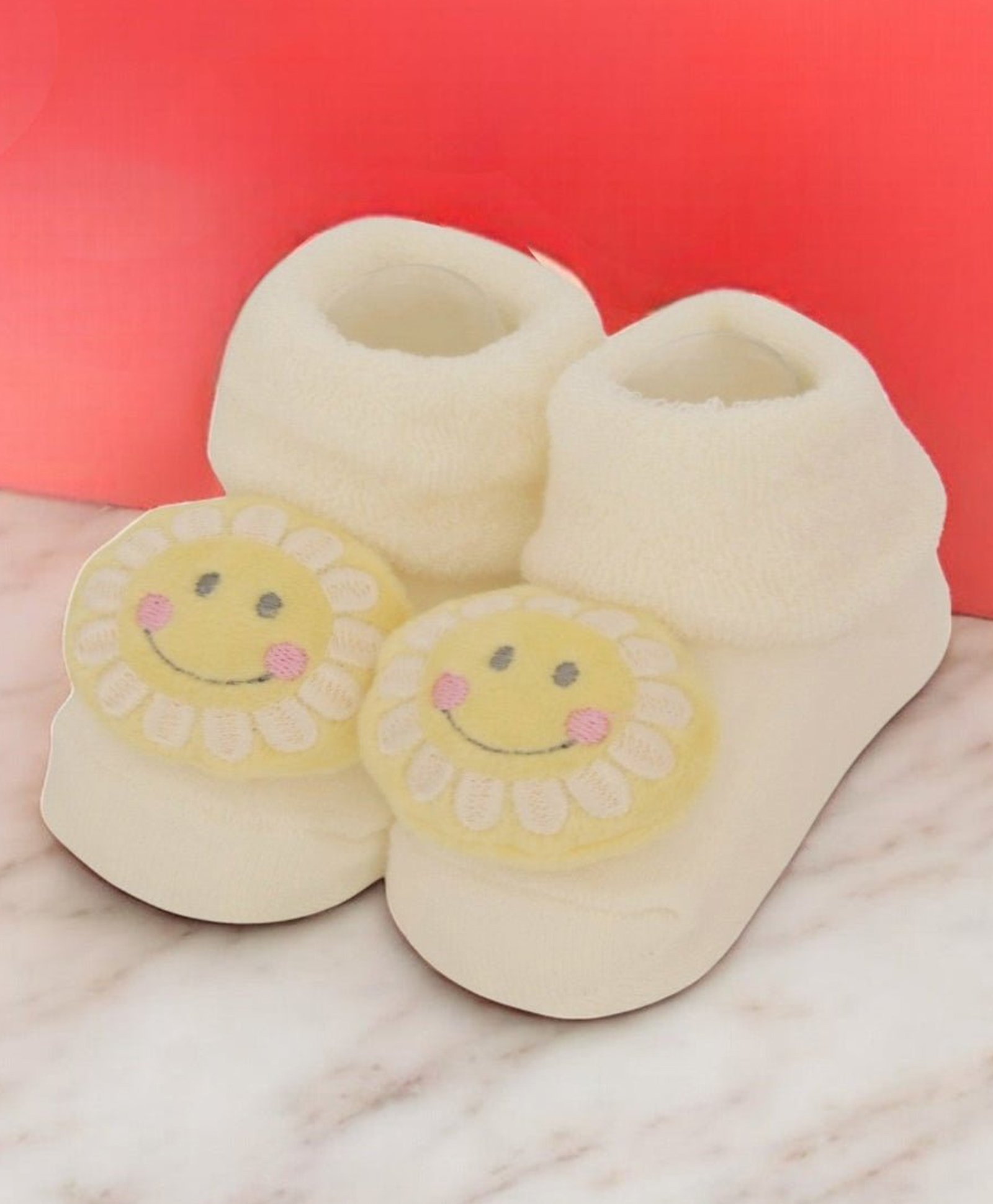 Yellow Bee Cotton Smiley Face Applique Solid Socks - Cream-image-36