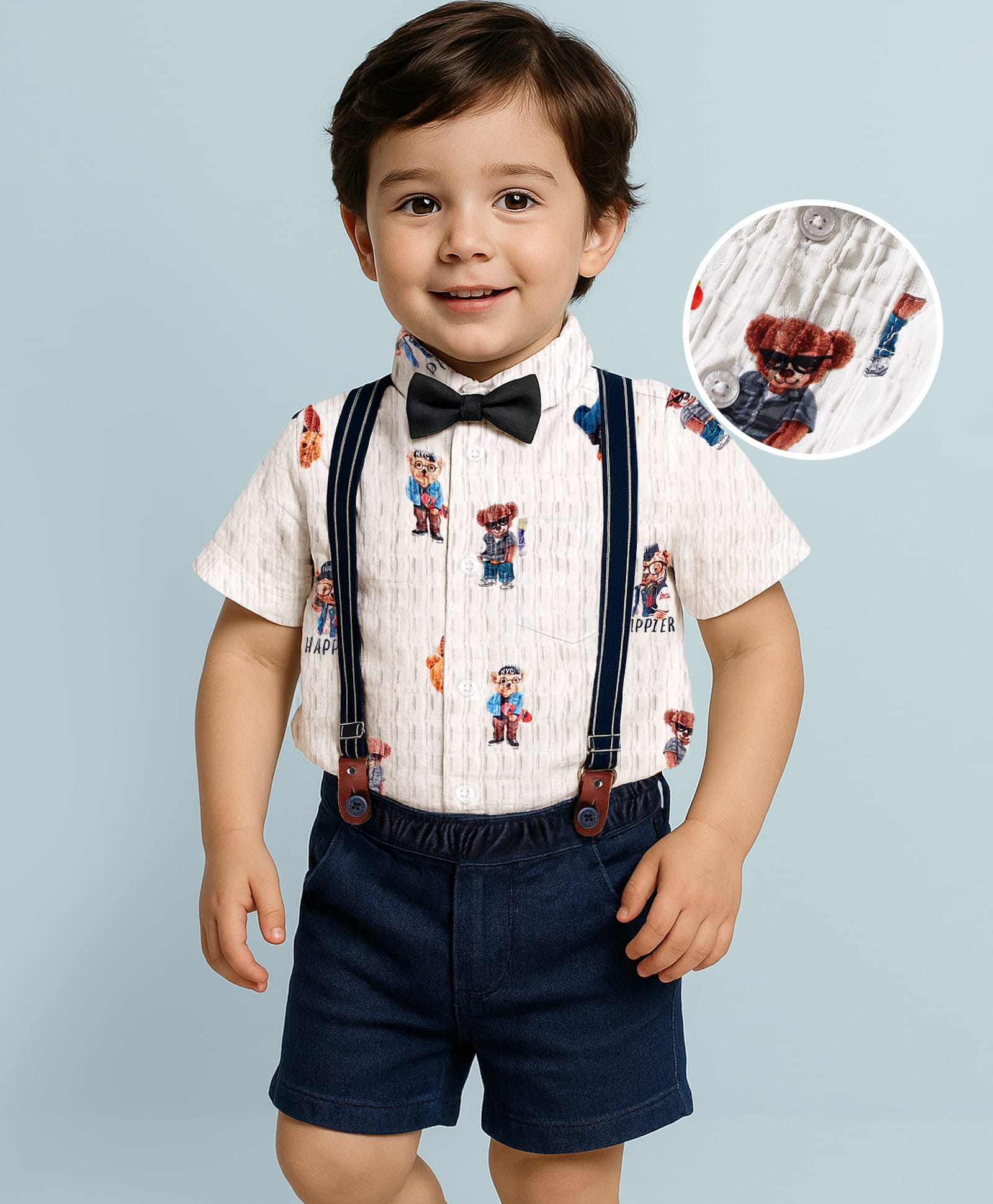 Mark & Mia Cotton Woven Half Sleeves Teddy Bear Printed Shirt & Denim Shorts Set With Bow & Suspender - White & Navy Blue-image-48