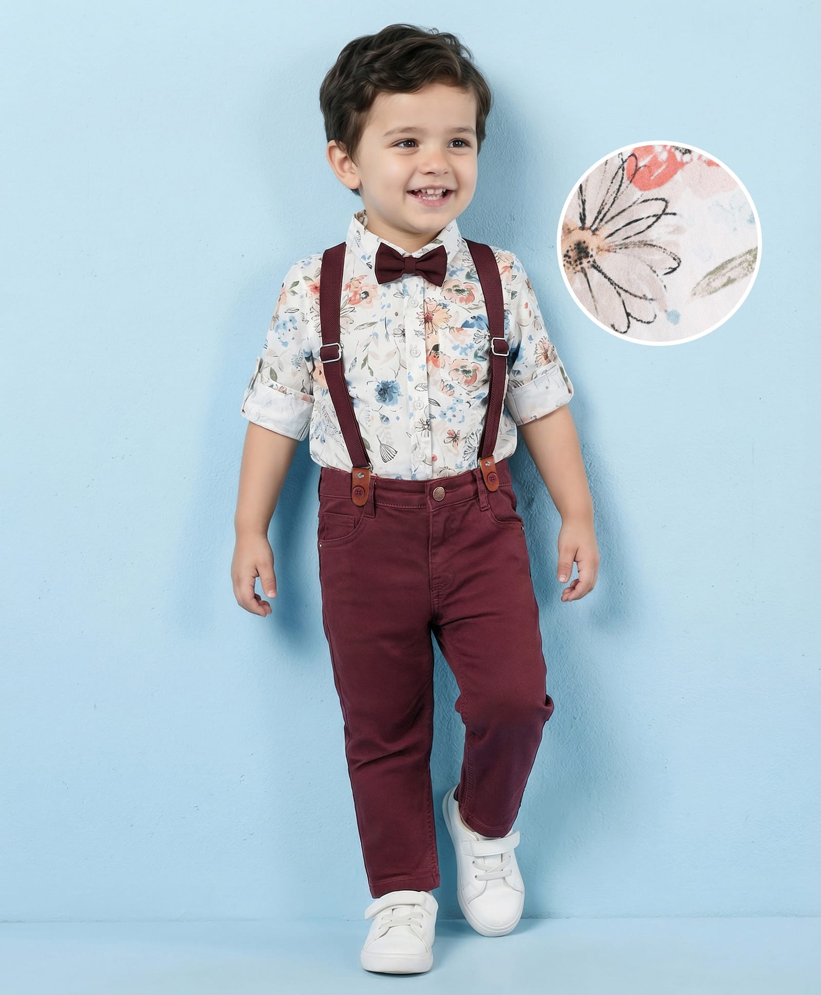 Mark & Mia Cotton Woven Full Sleeves Shirt & Trouser Set with Bow & Suspender with Floral Print - Maroon & White