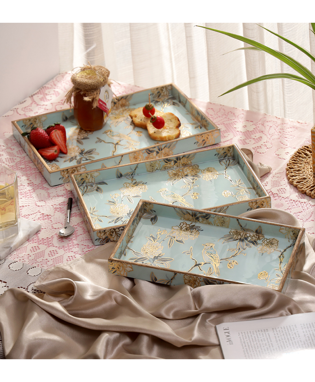 DULI Set of 3 Rectangle Enamel Coated Multipurpose Serving Trays for Home and Dining Table-picture-5
