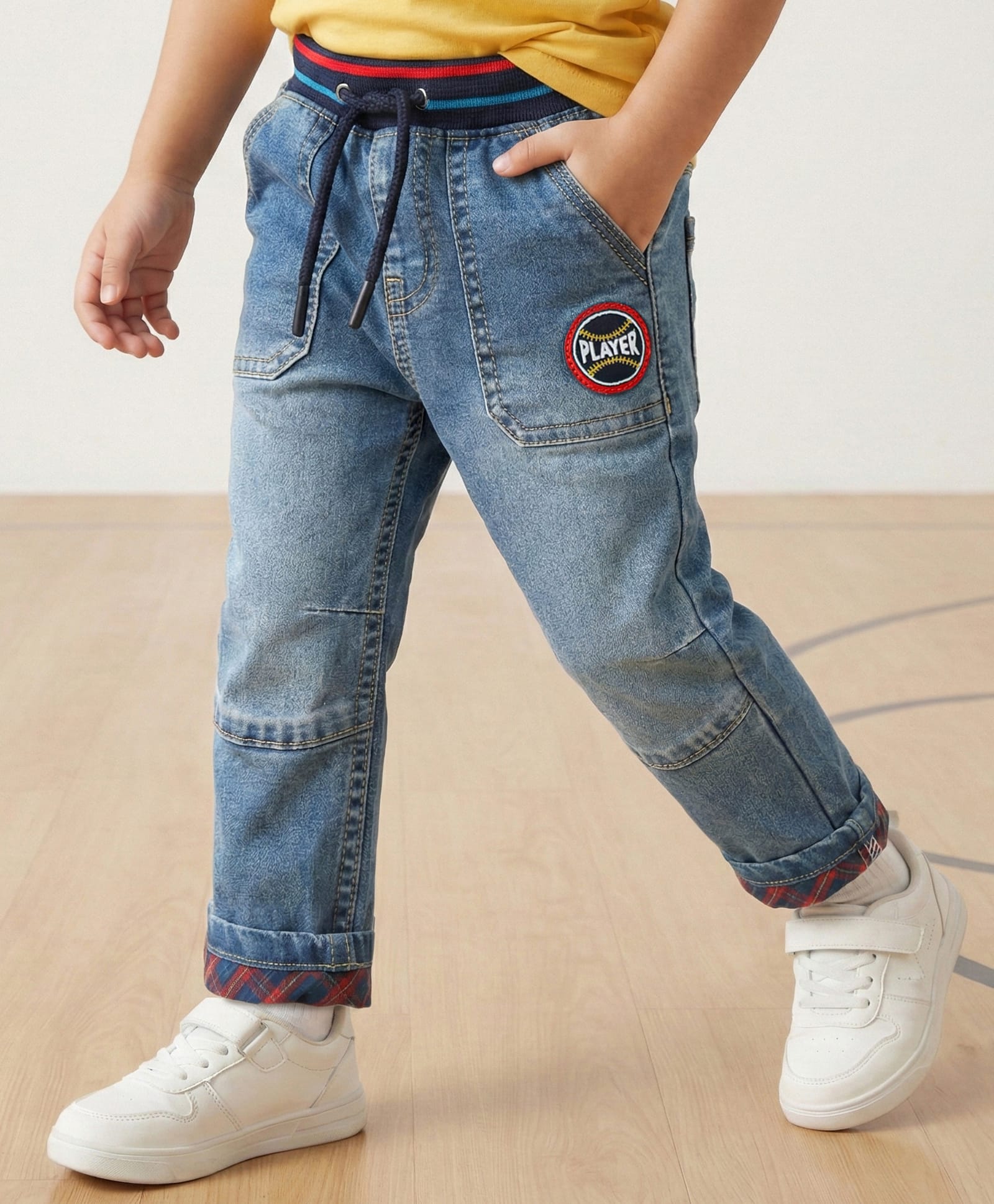 Babyhug Denim Full Length Jeans With Stretch & Player Patch - Blue-picture-19