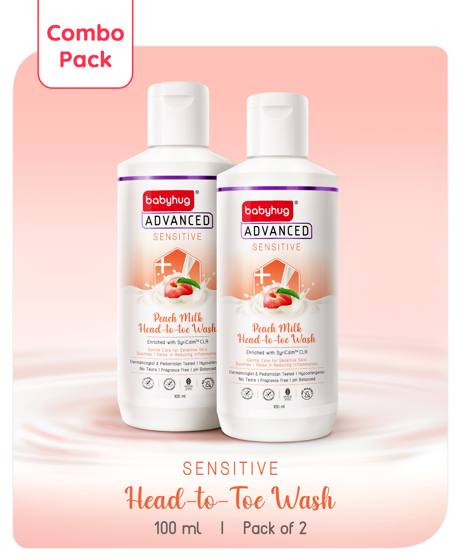 Babyhug Advanced Sensitive Peach Milk Head to Toe Wash Extra Gentle No Tear Formula For Sensitive Baby 2 In 1 Shampoo & Body Wash Pack of 2 - 100 ml each