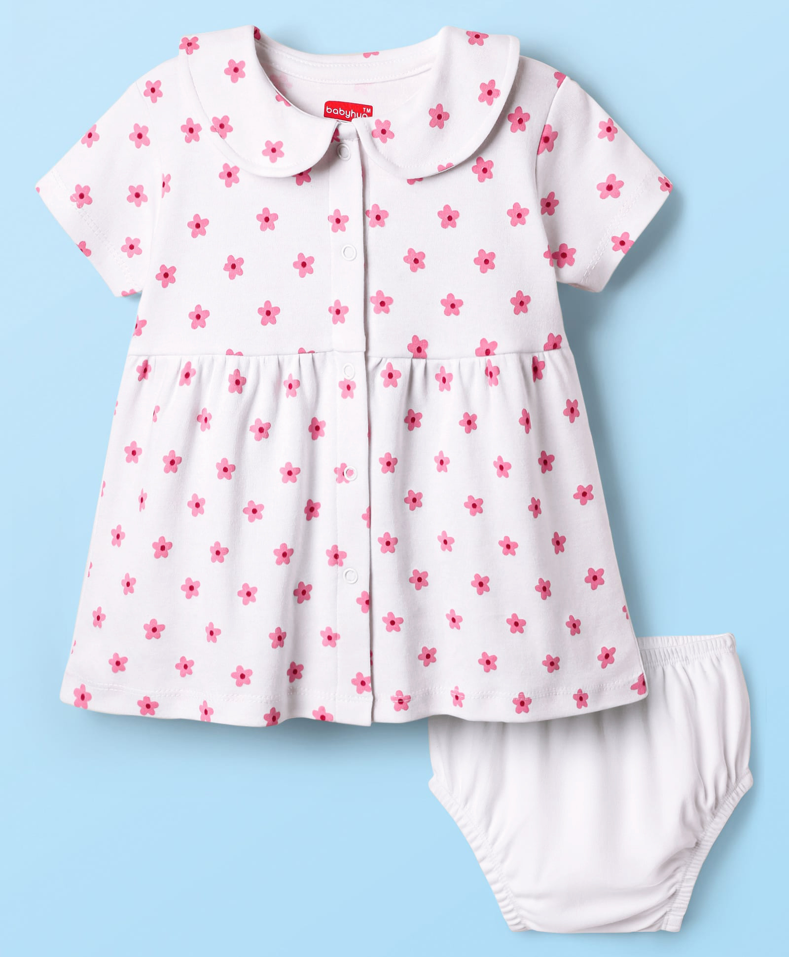 Babyhug Cotton Woven Peter Pan Collar Front Open Half Sleeves Frock & Bloomer With Floral Print - White-picture-14