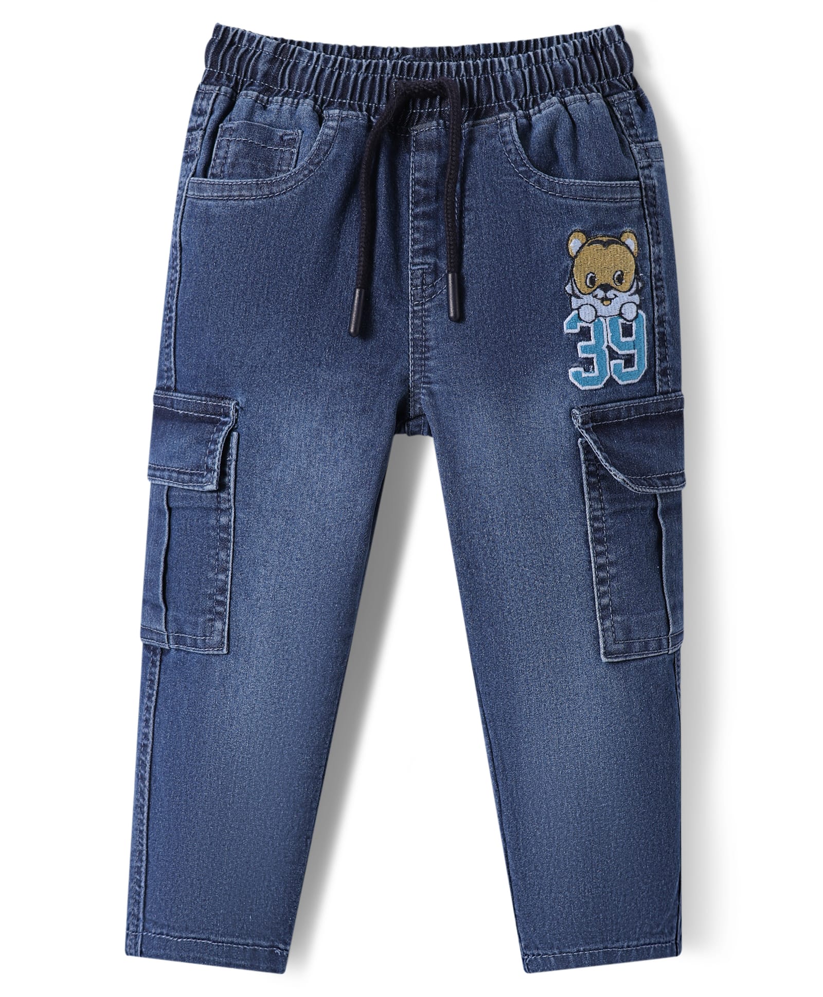 Babyhug Denim Full Length Washed Stretchable Jeans with Cub Embroidery - Navy Blue-picture-13