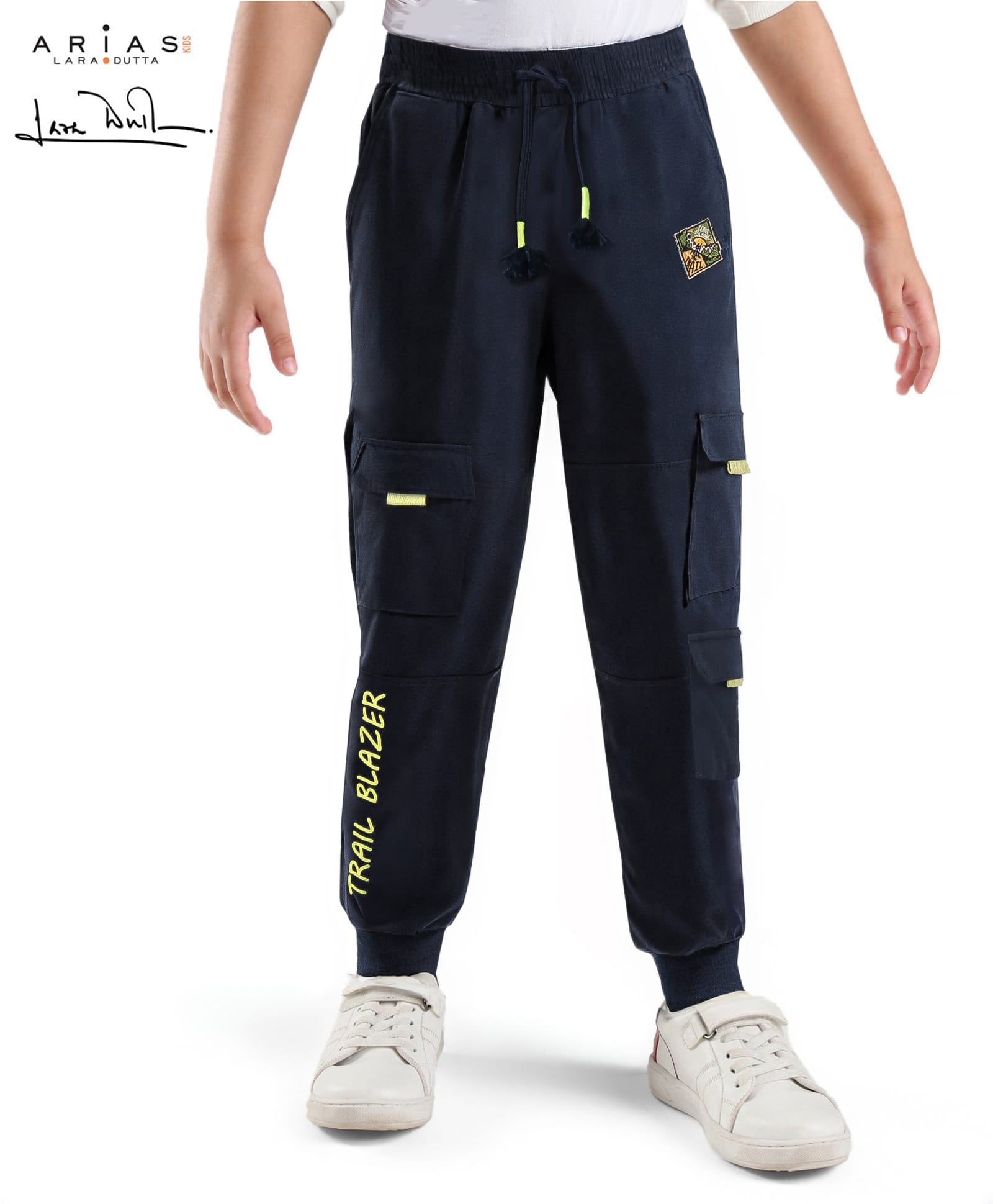 arias by lara dutta Arias Cotton Looper Knit Full Length Jogger With Text Print & Cargo Pockets - Blue-picture-15