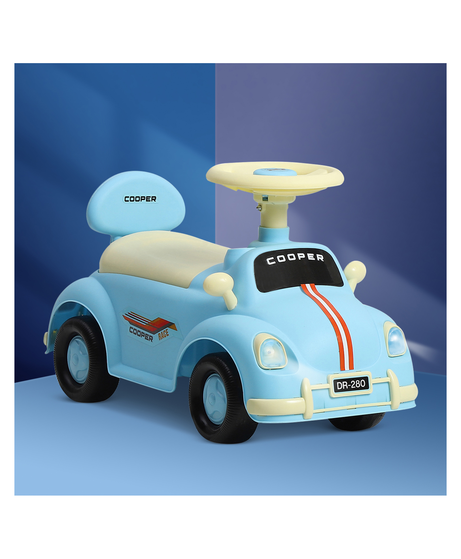 Dash Car Ride-On For Kids With Headlights Music Under Seat Storage Big Wheels And Push Handle Ideal Ride-On for 1+ Years Kids 20 kg Capacity Durable Blue Baby Toy Car