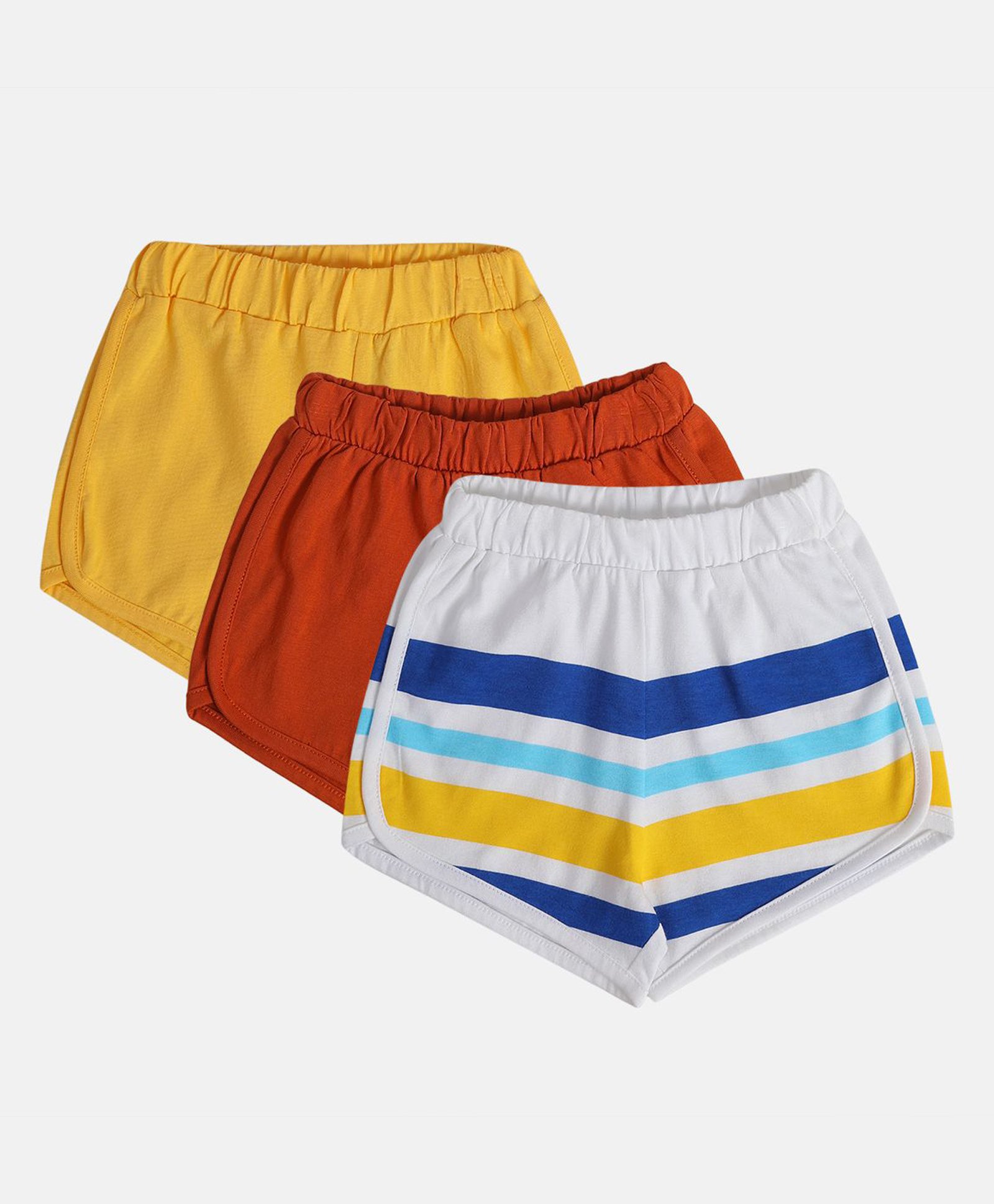 MINI KLUB Cotton Pack Of 3 Solid & Striped Shorts - White Red & Yellow-picture-34